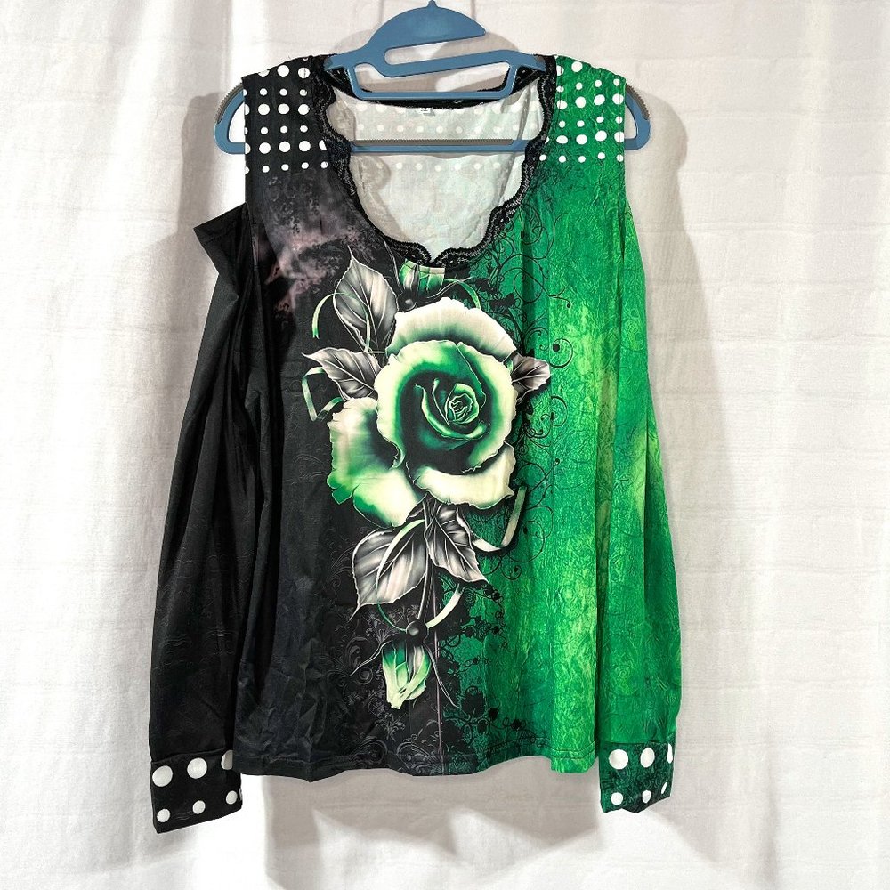 Women's Cold Shoulder Silky Long Sleeve Blouse Green Rose Front & Back, Size XL